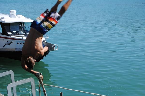 Backflips were the order of the day as members of Nitro Cricus took the opportunity to cool off yesterday in Akaroa before tonight's sold out show in Christchurch. 